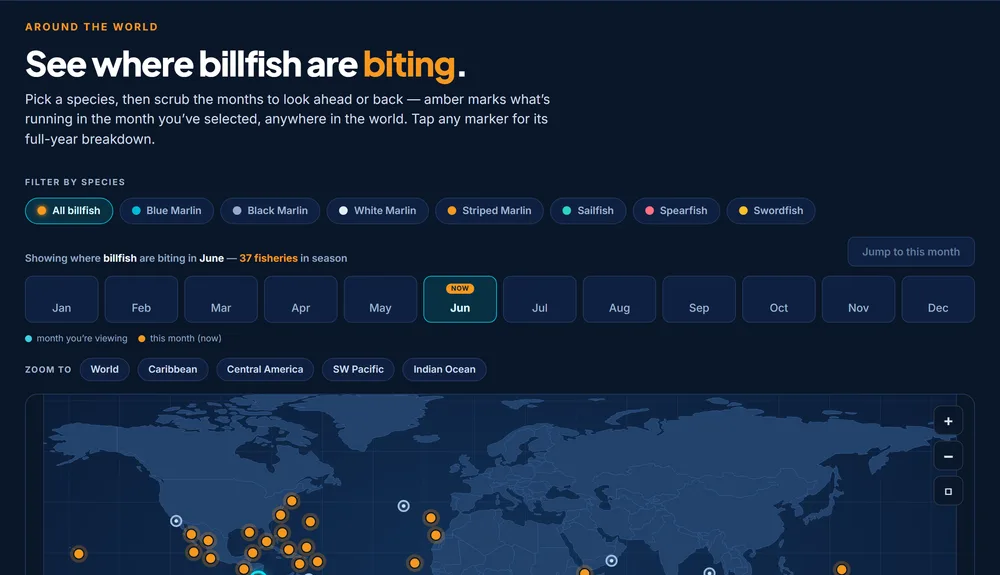 The Sportfish Hub billfish season map, showing where billfish are biting around the world by month