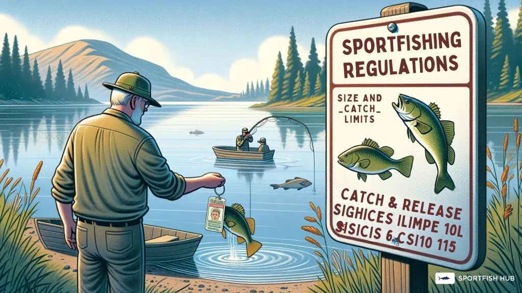Illustration of a serene lake scene with a sign listing sportfishing regulations