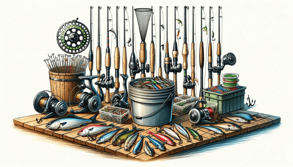 Illustration of an array of sportfishing gear neatly laid out on a wooden dock. The scene includes spinning and baitcasting rods with reels fly rods